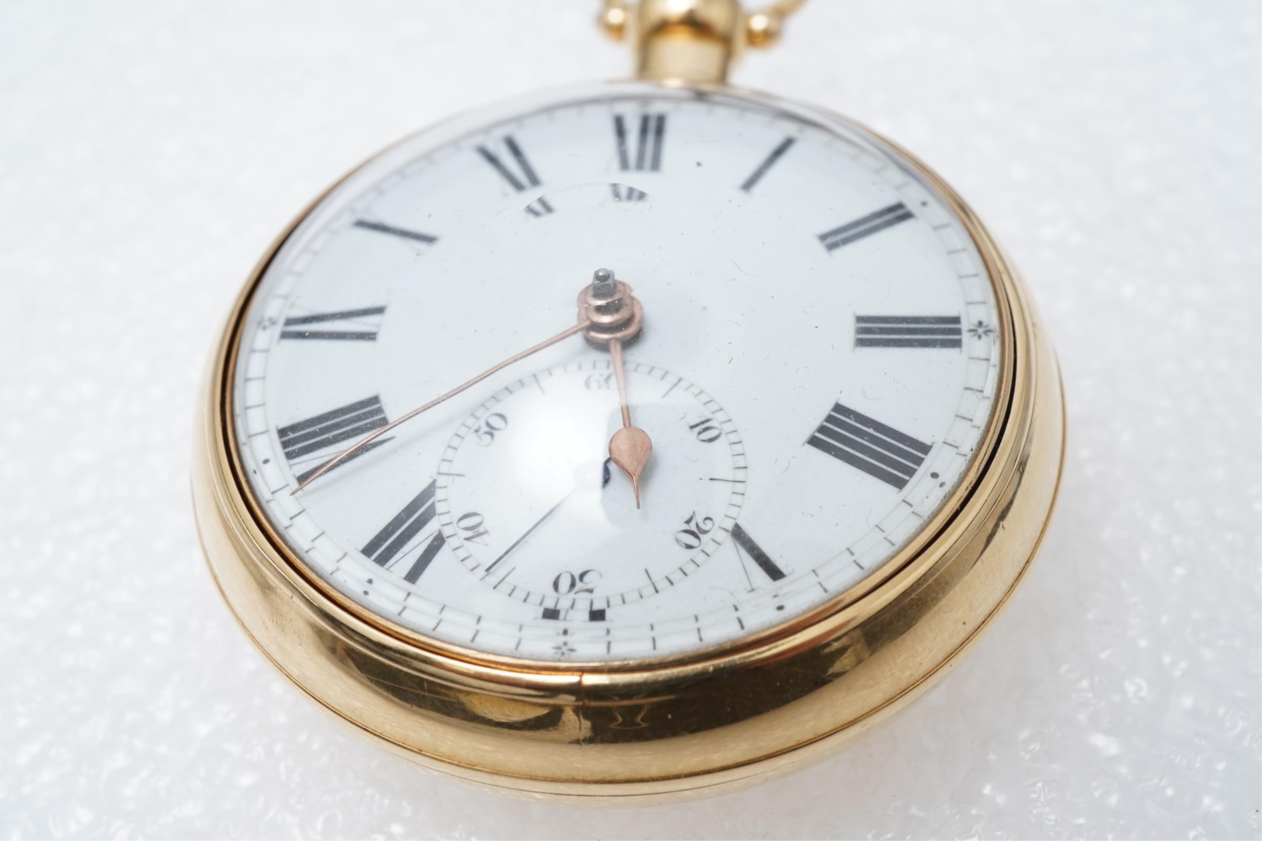 A late George III 18ct gold pair cased open faced keywind single fusee pocket watch by James Glover of Manchester